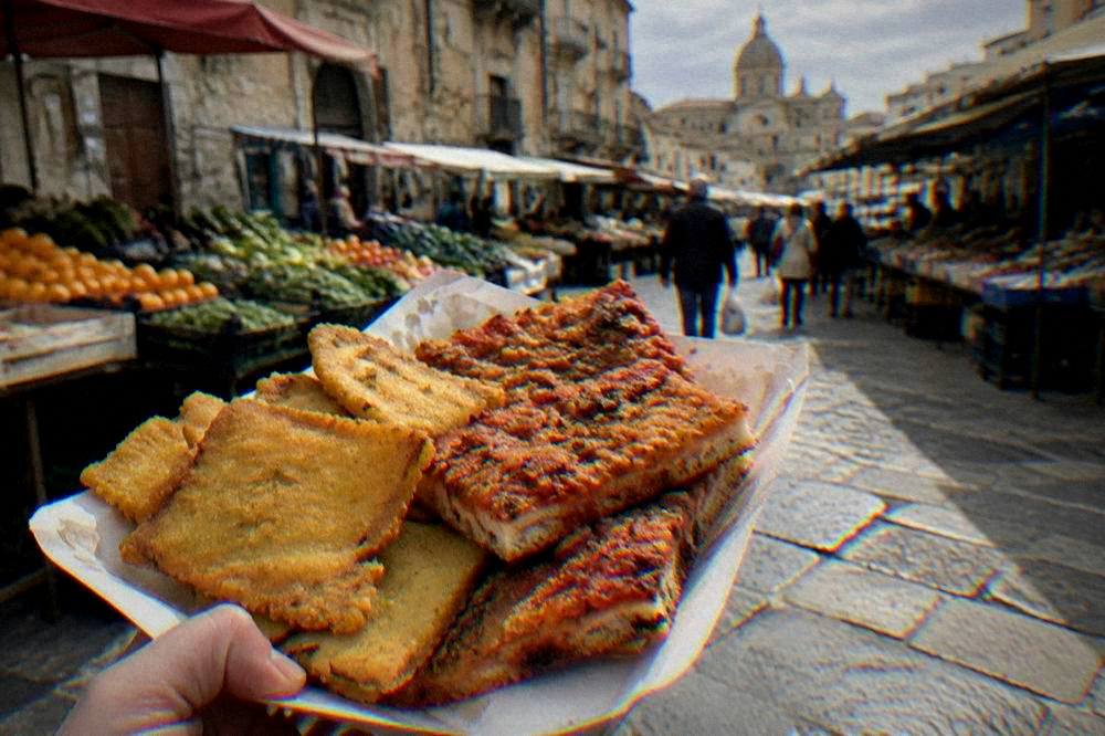 A paper tray of panelle and sfincione slices on a Palermo street corner at midday