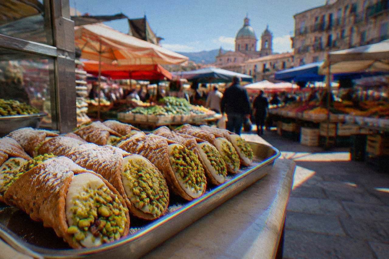 A tray of Sicilian cannoli filled with ricotta and topped with pistachio pieces on a cafe counter