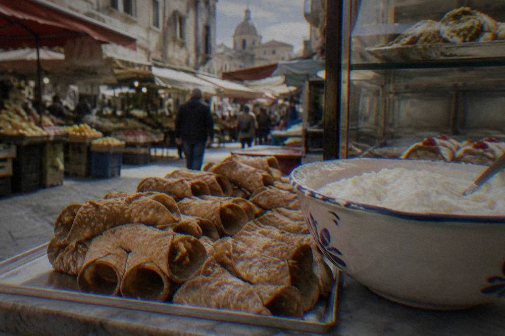 Cannolo shells resting empty beside a bowl of ricotta filling in a Palermo pastry shop