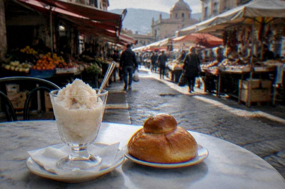 A marble cafe table with a glass of almond granita and a brioche bun