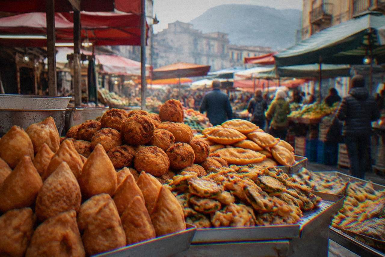 Fried street food stacked at a busy Palermo market stall in the daytime