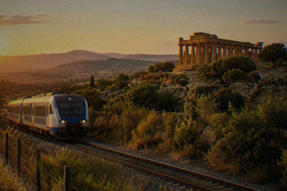 A regional train travelling through Sicilian countryside with hills in the distance