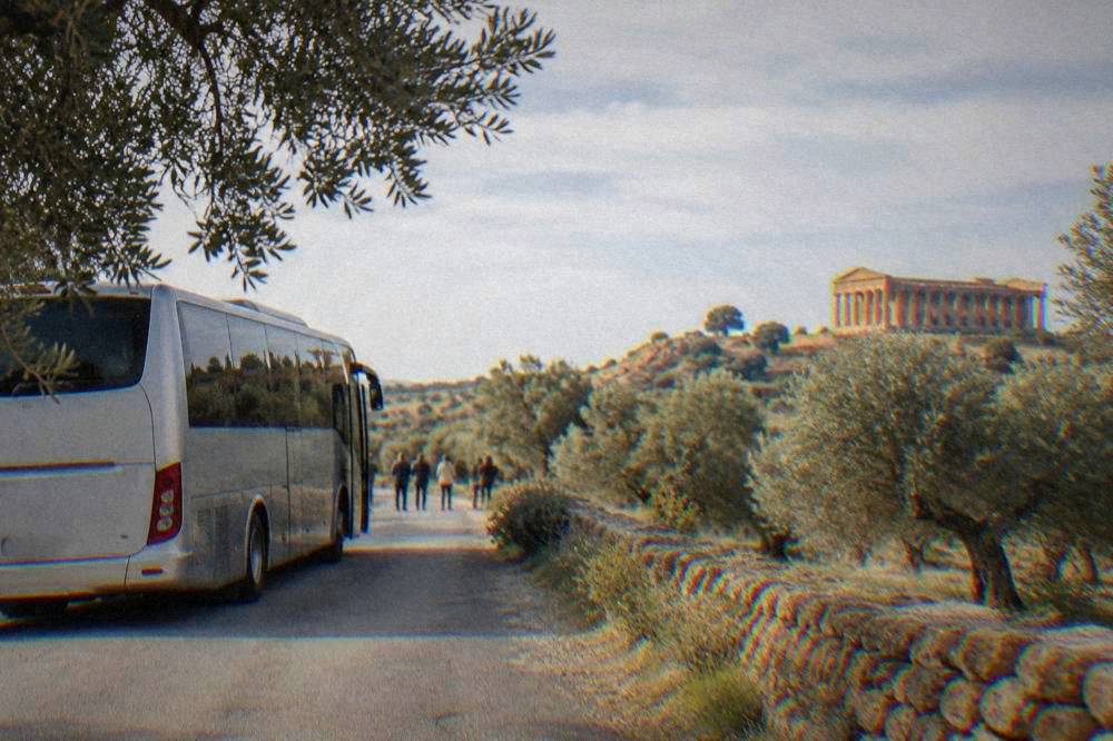 A coach parked at a Sicilian roadside stop with olive groves around it