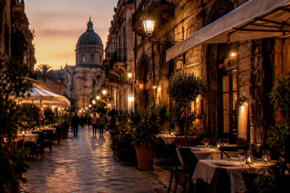 An evening street in Palermo with lit restaurant tables and historic buildings