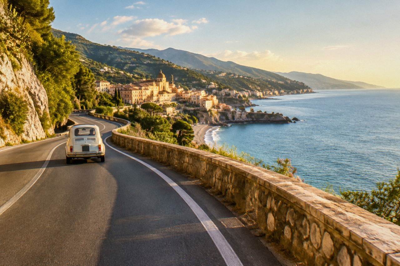 Two Sicilian cities on a sunny day, a coastal road winding between hills and the sea