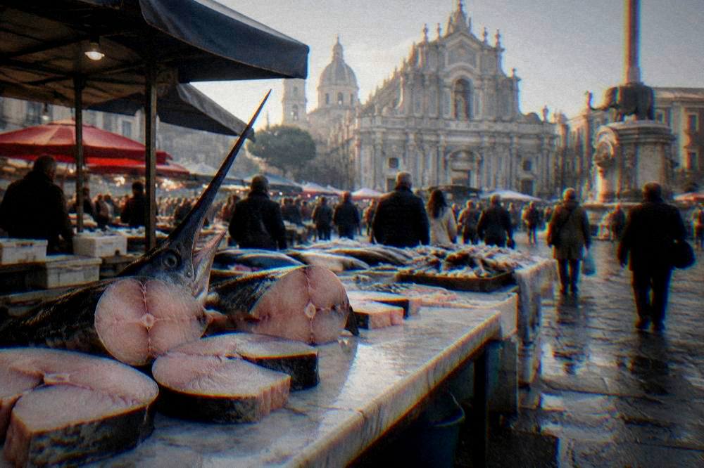 A Sicilian fish market with a marble counter, fresh swordfish and crowds of shoppers