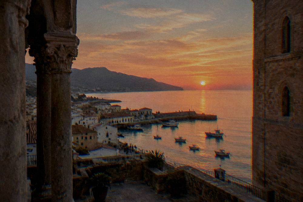 Sunset light on the sea at Cefalu with fishing boats near the old pier
