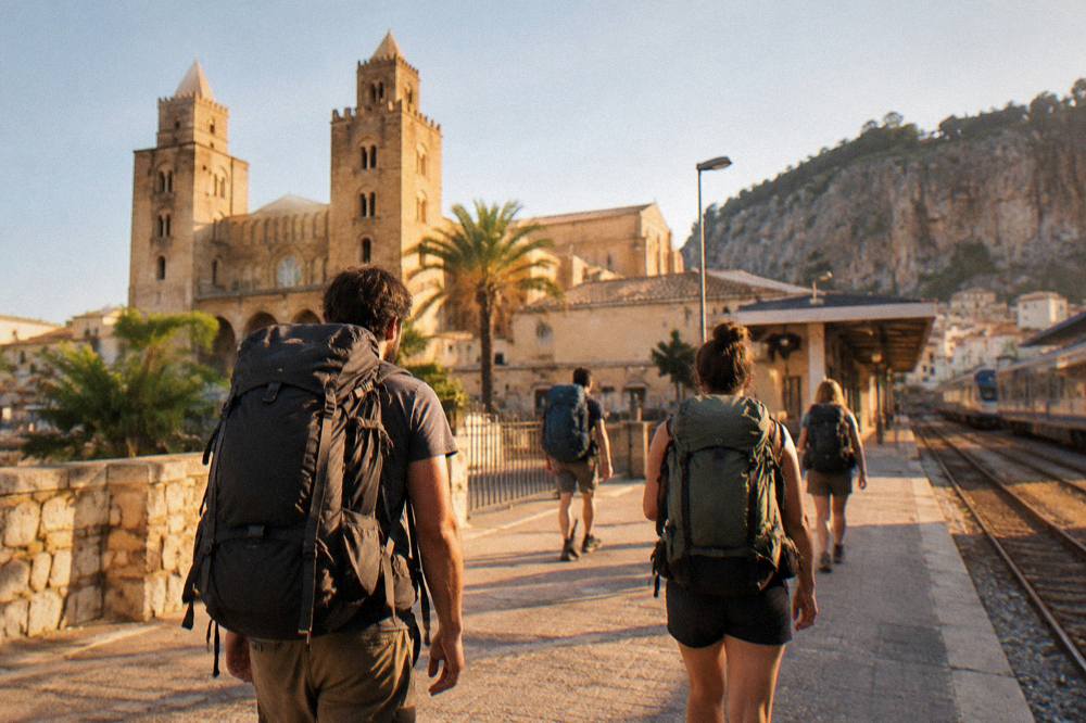 Travellers with backpacks walking towards Cefalu station in morning light