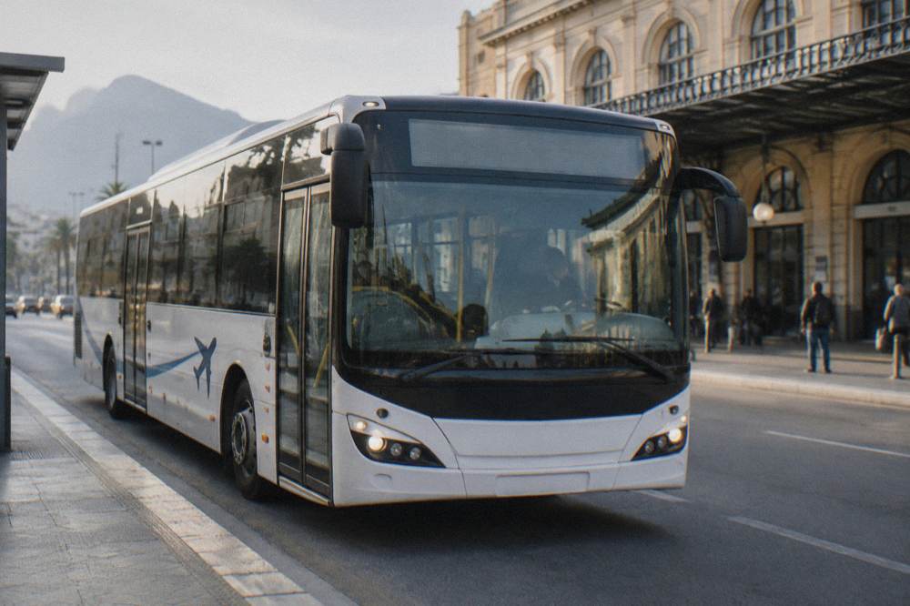 An airport shuttle bus pulling in at a stop outside Palermo Centrale station