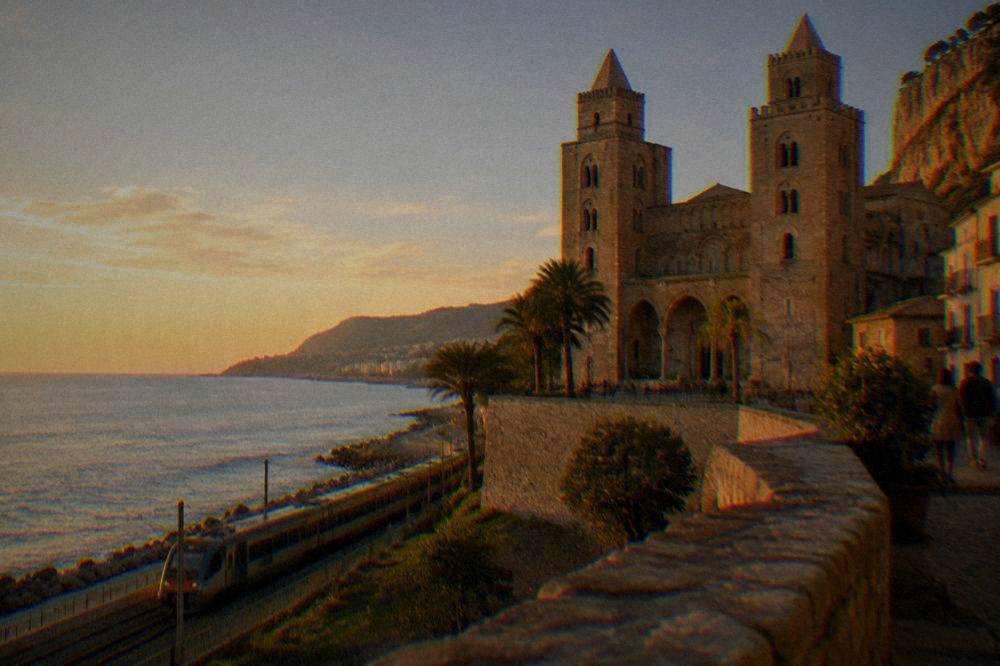 A coastal train running along the shore between Palermo and Cefalu