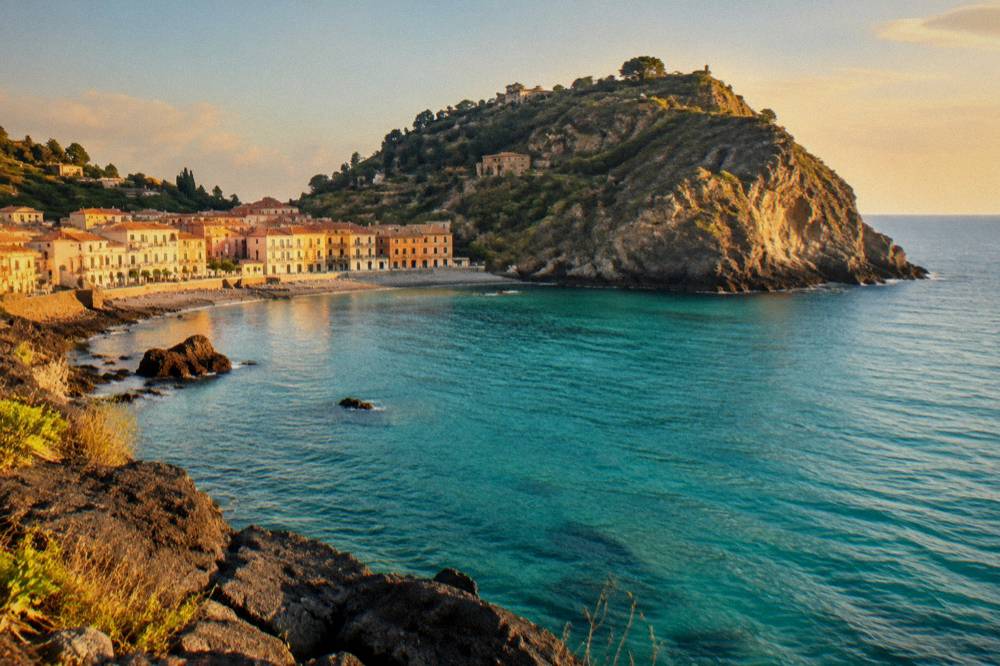 Rocky headland above a turquoise sea with a small town along the shore