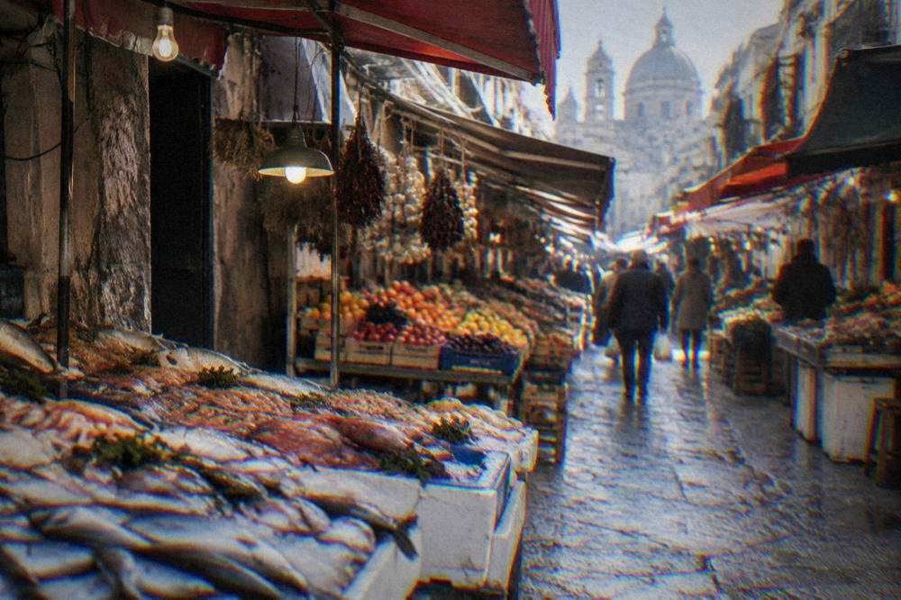 A busy Palermo market alley with stalls of fruit, fish and hanging goods under awnings