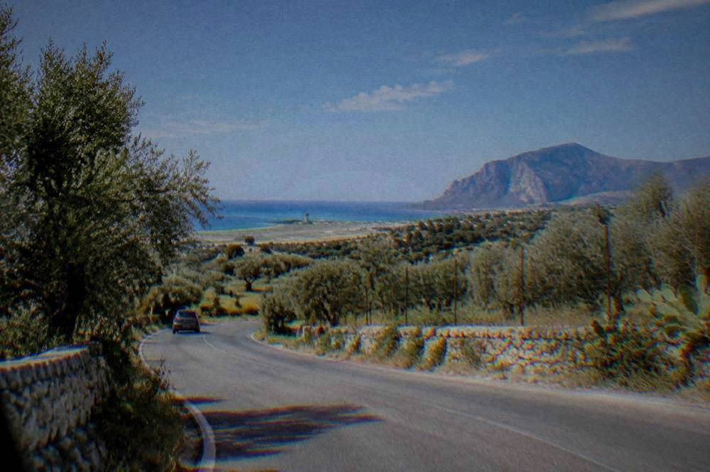A winding country road in western Sicily with hills and olive groves on both sides