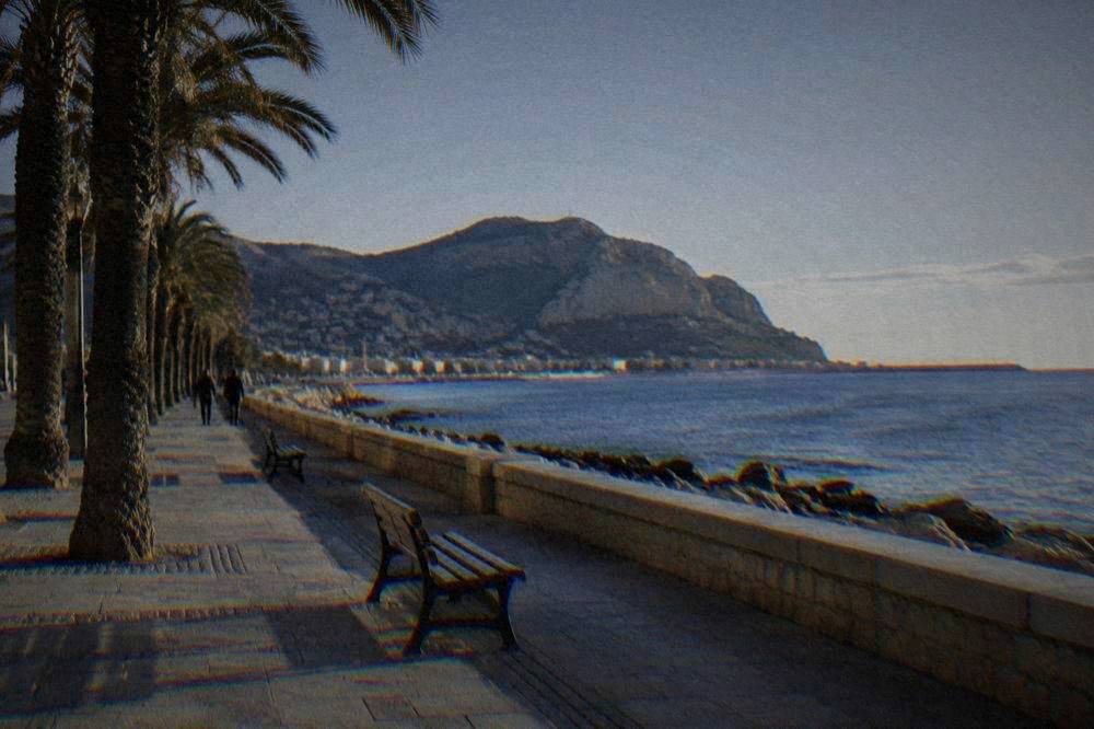 An almost empty seafront promenade with palms and calm sea in cool winter light