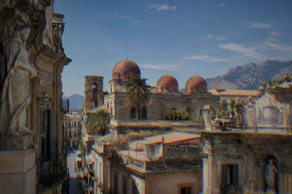 The domes of San Cataldo seen from a rooftop in central Palermo