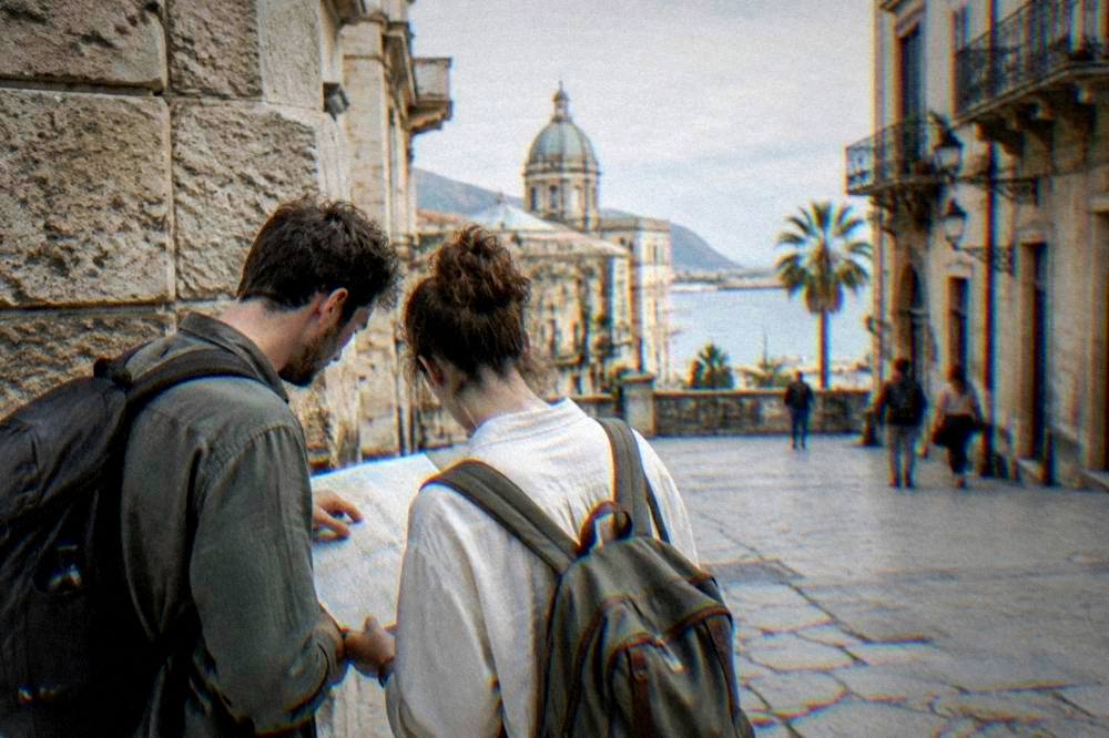 Travellers studying a paper map at a sunlit Sicilian street corner