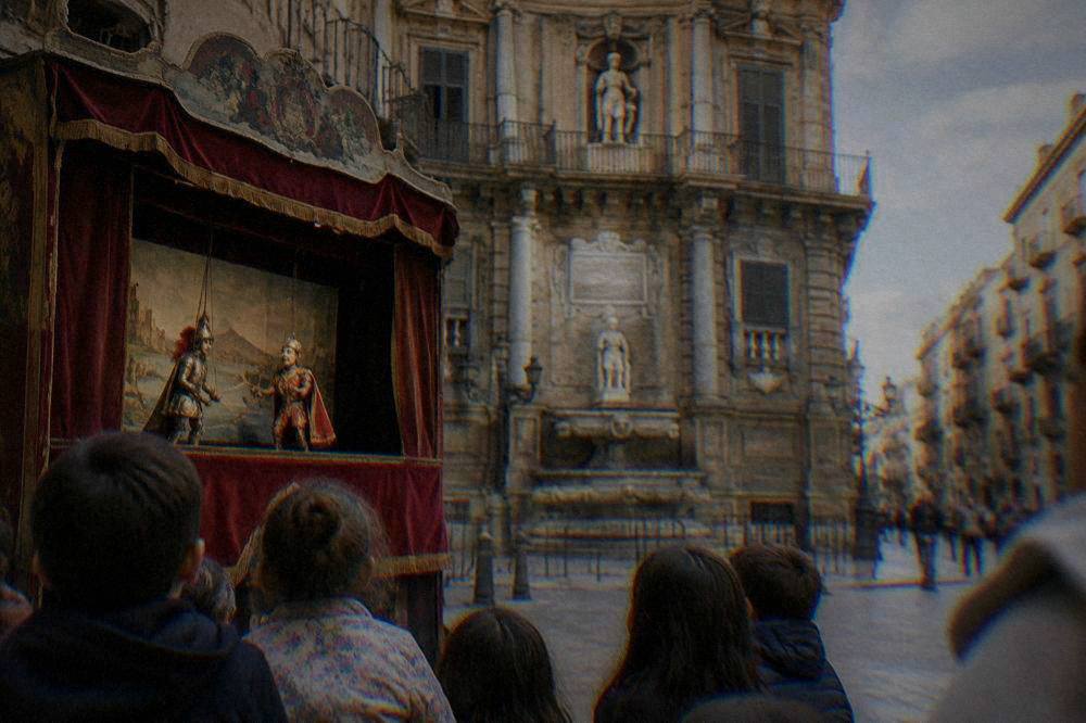 Children watching a traditional Sicilian puppet performance in a small theatre