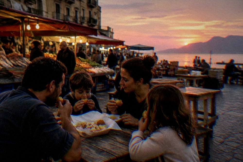 A family sharing fried street food at a wooden table in an evening market square in Palermo