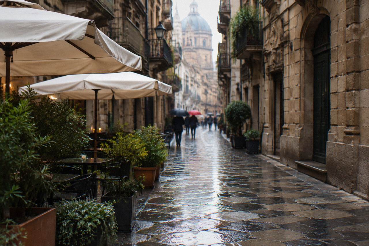 Wet cobblestone street in the old centre of Palermo with historic buildings and umbrellas