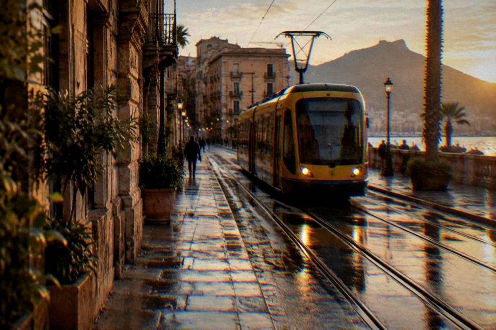 Palermo tram moving along a wet street with reflections on the rails