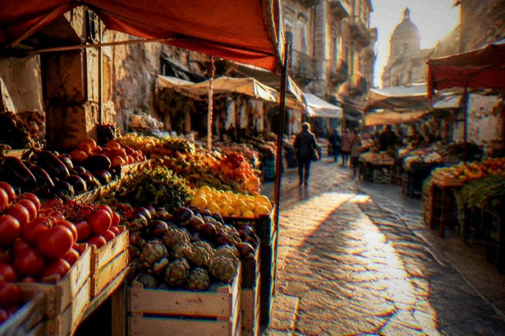 A sunlit street market alley hung with awnings and stacked produce stalls